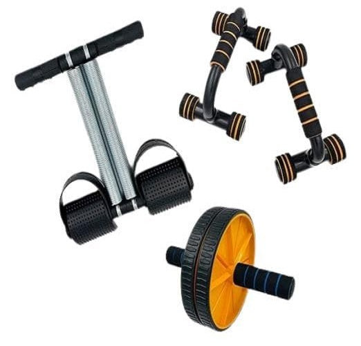 HAS Double Spring Tummy Trimmer, Pushup Bar Stand, and Ab Wheel Roller  Combo